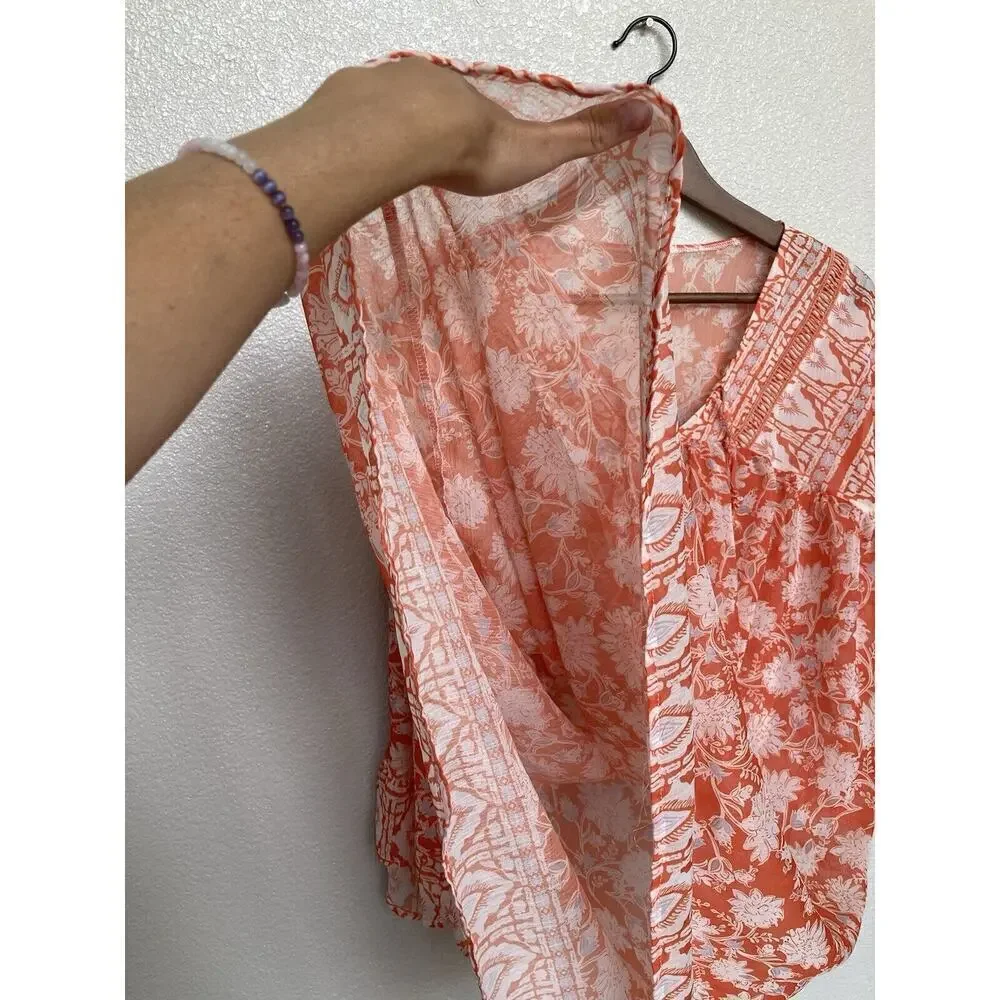 Womens sz L Orange boho sheer cover up dress floral ruffle bell sleeve tropical - Picture 3 of 5